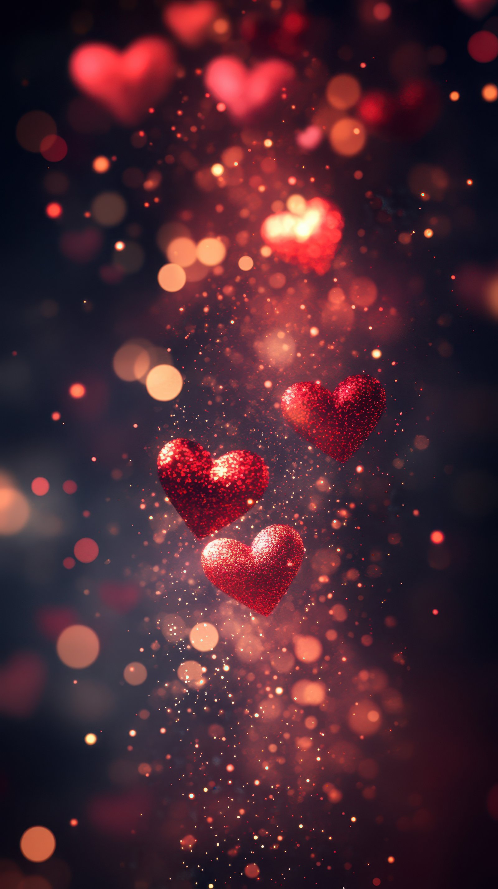 Sparkling red hearts dance in a dreamy background filled with soft glowing lights during a festive evening celebration